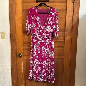 A size 16 pink, black, grey and white floral print dress by Jessica Howard